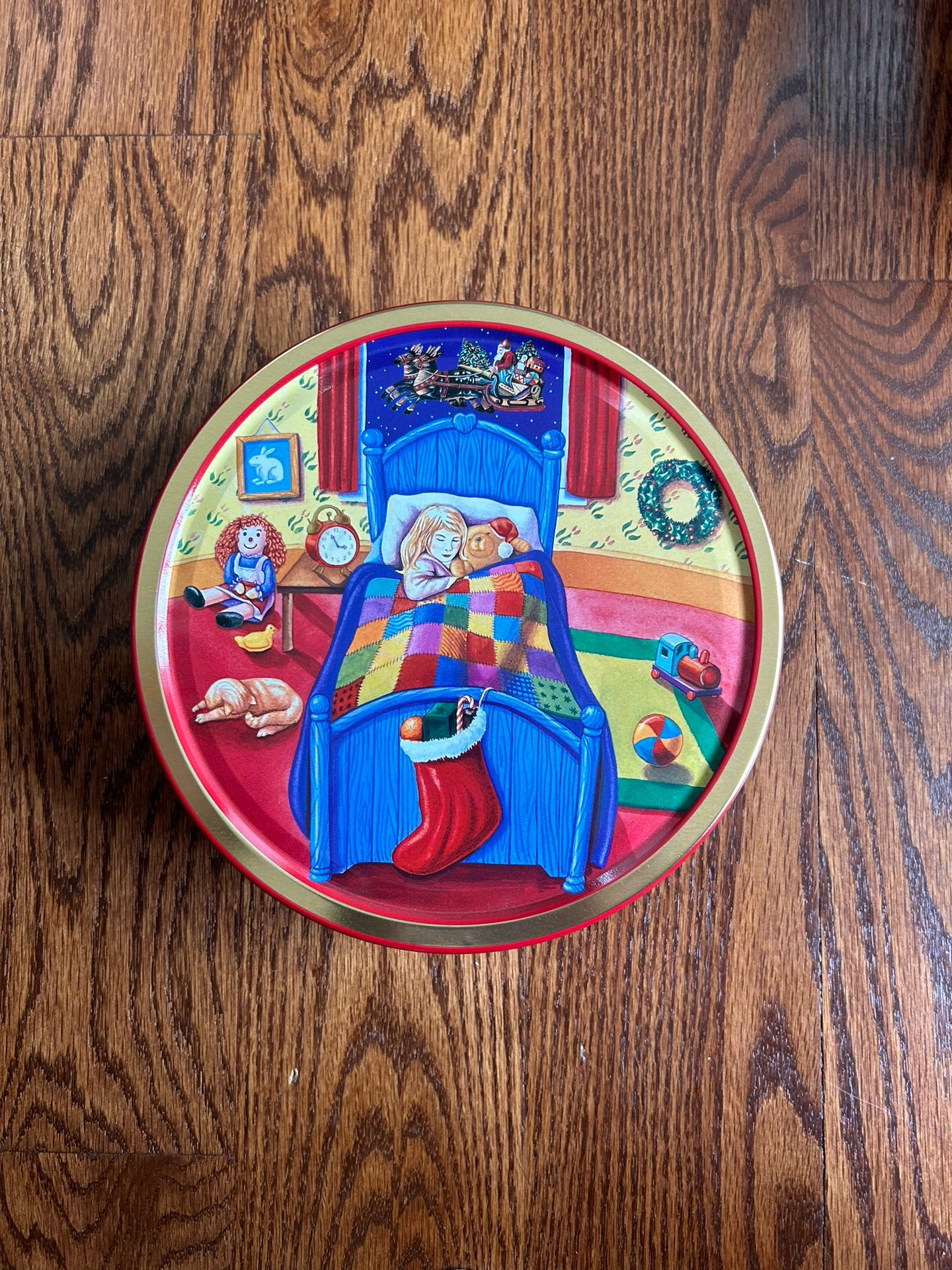 Vintage Danish, Butter, Cookies, Christmas Scene Little Girl With Teddy Bear In Bed Tin Container 7 1/2 Inches Round