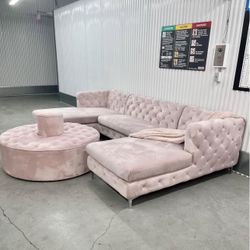 Pink Sectional & Large Ottoman Set