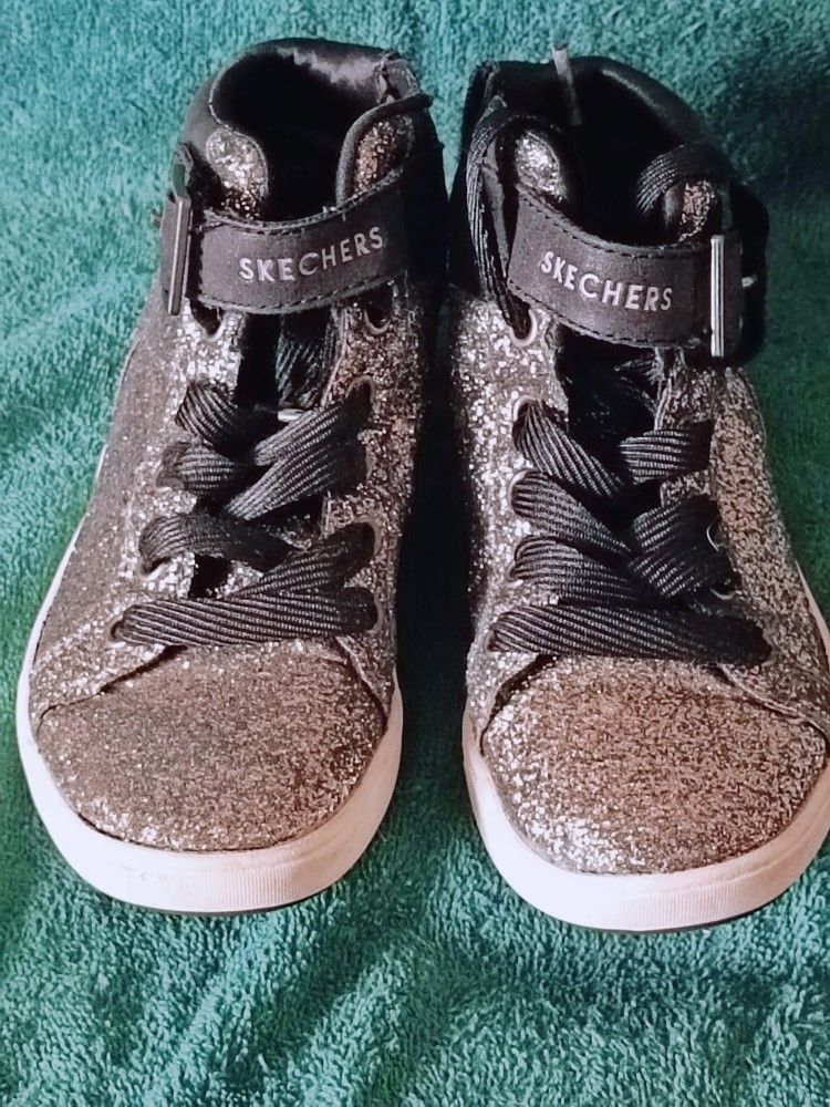 Skechers high top US size 13 Kids Shoutouts 84361L Black Silver Glitter Sparkle 
