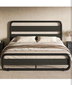 Black Full Size Metal Platform Bed Frame w/ Wood Headboard