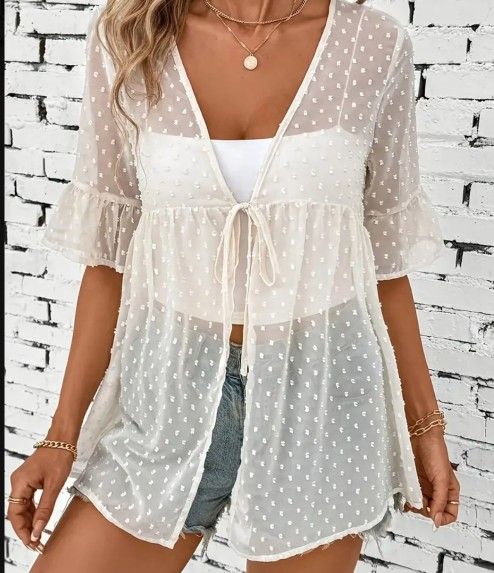 White Polka Dot Mesh Bell sleeve Top Blouse Plus Size 2XL