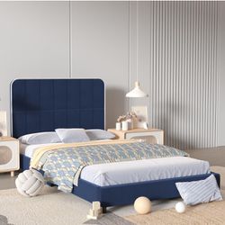 Children’s Twin Bed Frame,Adjustable Height Headboard Kid's Bed, Wooden Slat Base Toddler Bed Frame,Upholstered Twin Bed Frame for Kid, Fits Standard 