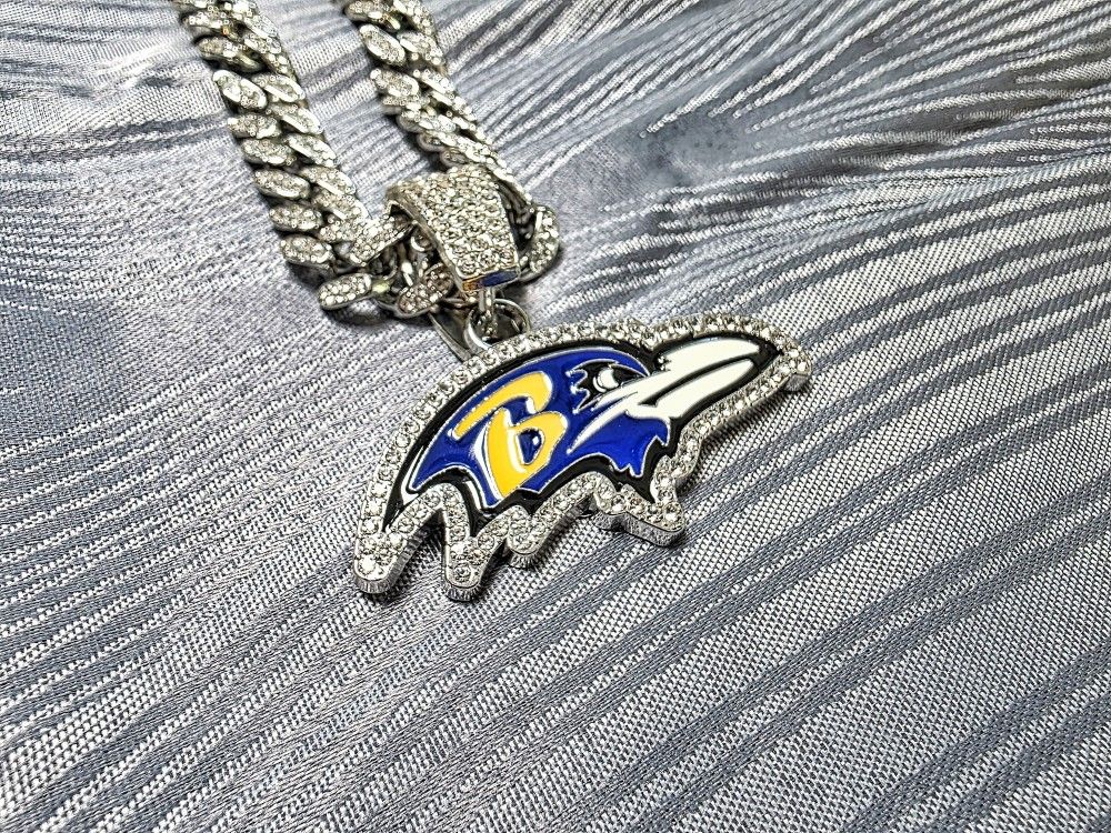 Baltimore Ravens Cuban Link Chain Pendant Necklace Silver Iced Out 18 Inches