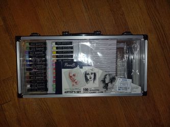 Misc art case with some pencils and things seen in photo
