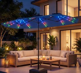 13 ft double sided outdoor patio umbrella with solar LED lights and charging station in dark blue with base Has different lighting modes