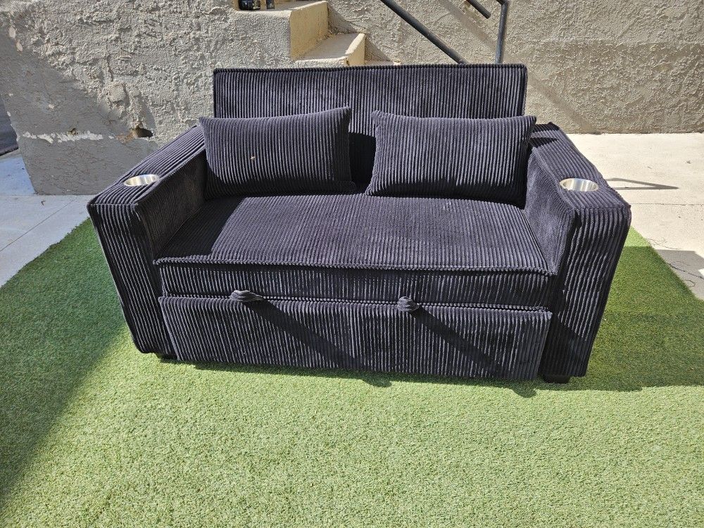 Brand New Sofa Pull Out Bed With Cup Holde, USB & 2 PILLOWS black CORDUROY $439