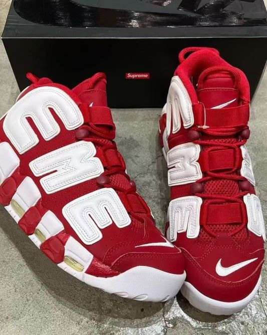 Supreme x Nike Air More Uptempo red Pippen Mid-top Retro Basketball Shoes Men's and Women's Red and White