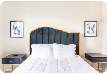Queen Black bedroom set and mattress and night stand