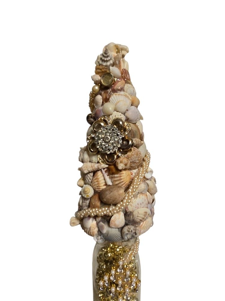 handmade small seashell Christmas tree w/ vtg jewelry neutral colors w/ angels