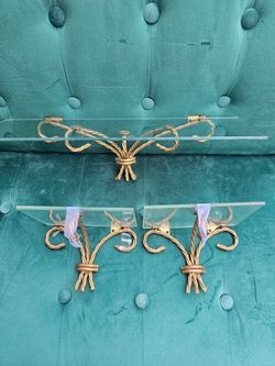 Gold Rope Twisted Metal Glass Wall Shelves Set of 3 with  glass on them
