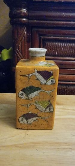 Vintage Persian Square Ceramic Vase Featuring Hand Painted Fish Motif