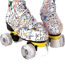 PU Leather Roller Skates White Graffiti Wear Resistant Quad Wheel Size 41