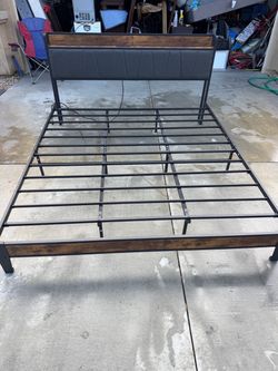 Metal Platform Bed Frame with Upholstered Headboard