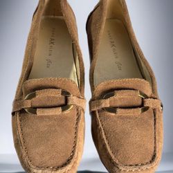 Anne Klein iFlex Womens Suede Driving Loafer 9M Tan Leather Slip On Trendy EUC