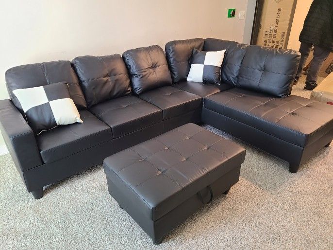 New Stock Black Faux Leather Sectional Pillows And Storage Ottoman