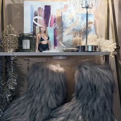 Grey Faux Fur Mid Calf Boots 