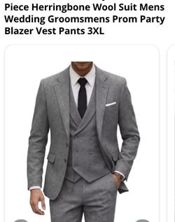 Mens 3-piece Suit. Grey Herringbone Wool Suit.