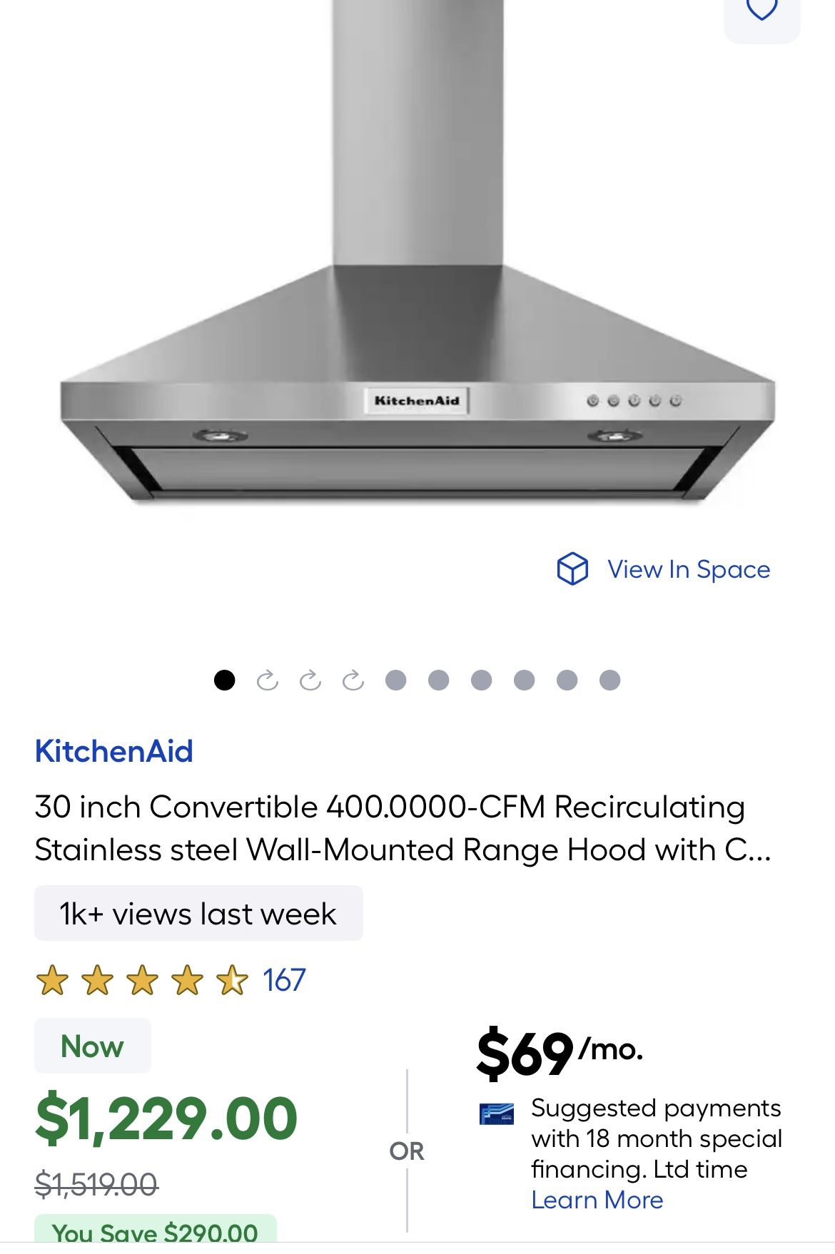 Kitchen Aid 30 Inch Wall Mounted Vent Hood 