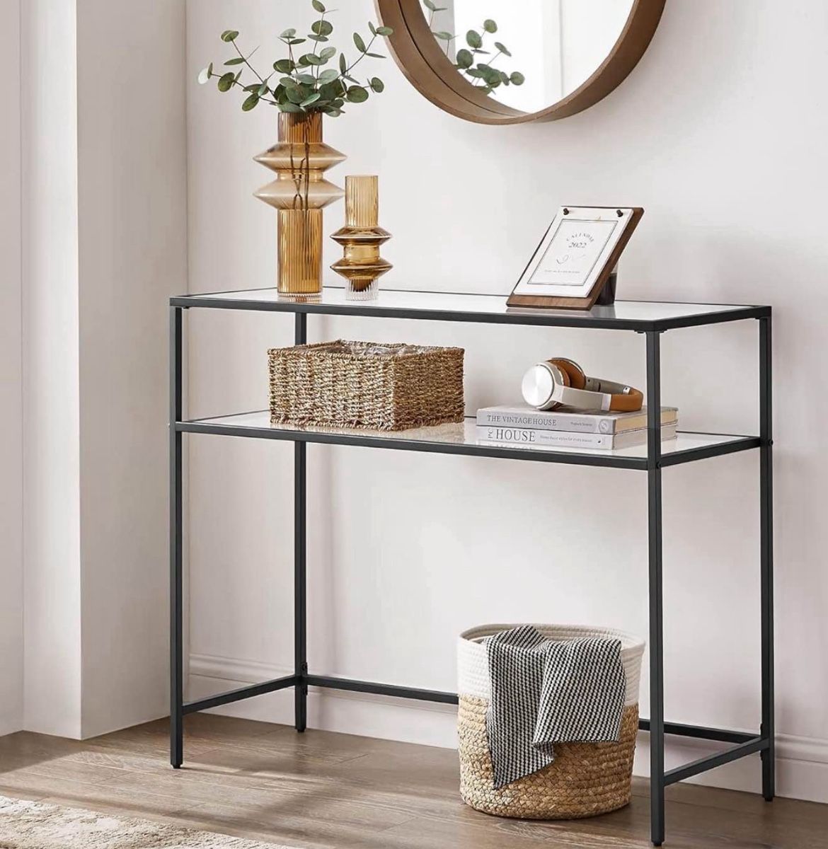 39.4 Inch Console Sofa Table, Modern Entryway Table, Tempered Glass Table, Metal Frame, 2 Shelves, Adjustable Feet, for Living Room, Hallw