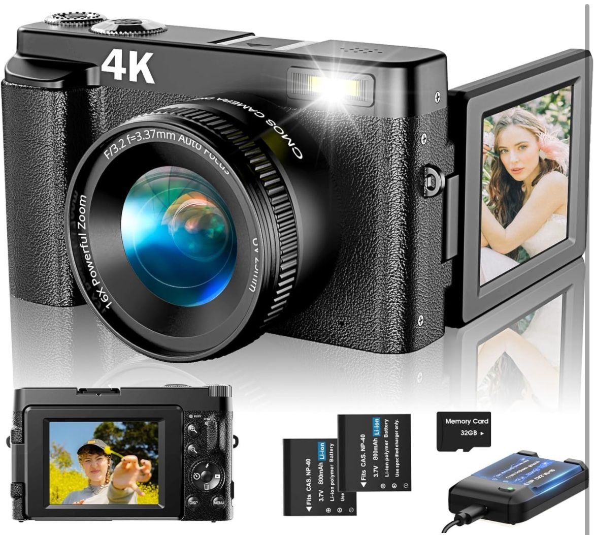 4K Digital Camera for Photography Autofocus, Upgraded 48MP Vlogging Camera for YouTube with SD Card, 3" 180 Flip Screen Compact Travel Camera with 16X