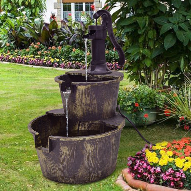 2Tier Rustic Vintage Style Barrel Water Fountain Garden Yard Outdoor 27in Tall Pump Included