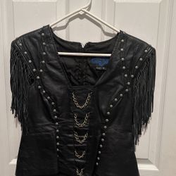 Genuine Black Leather Apparel Shirt Vest Fringe Tassels Medium