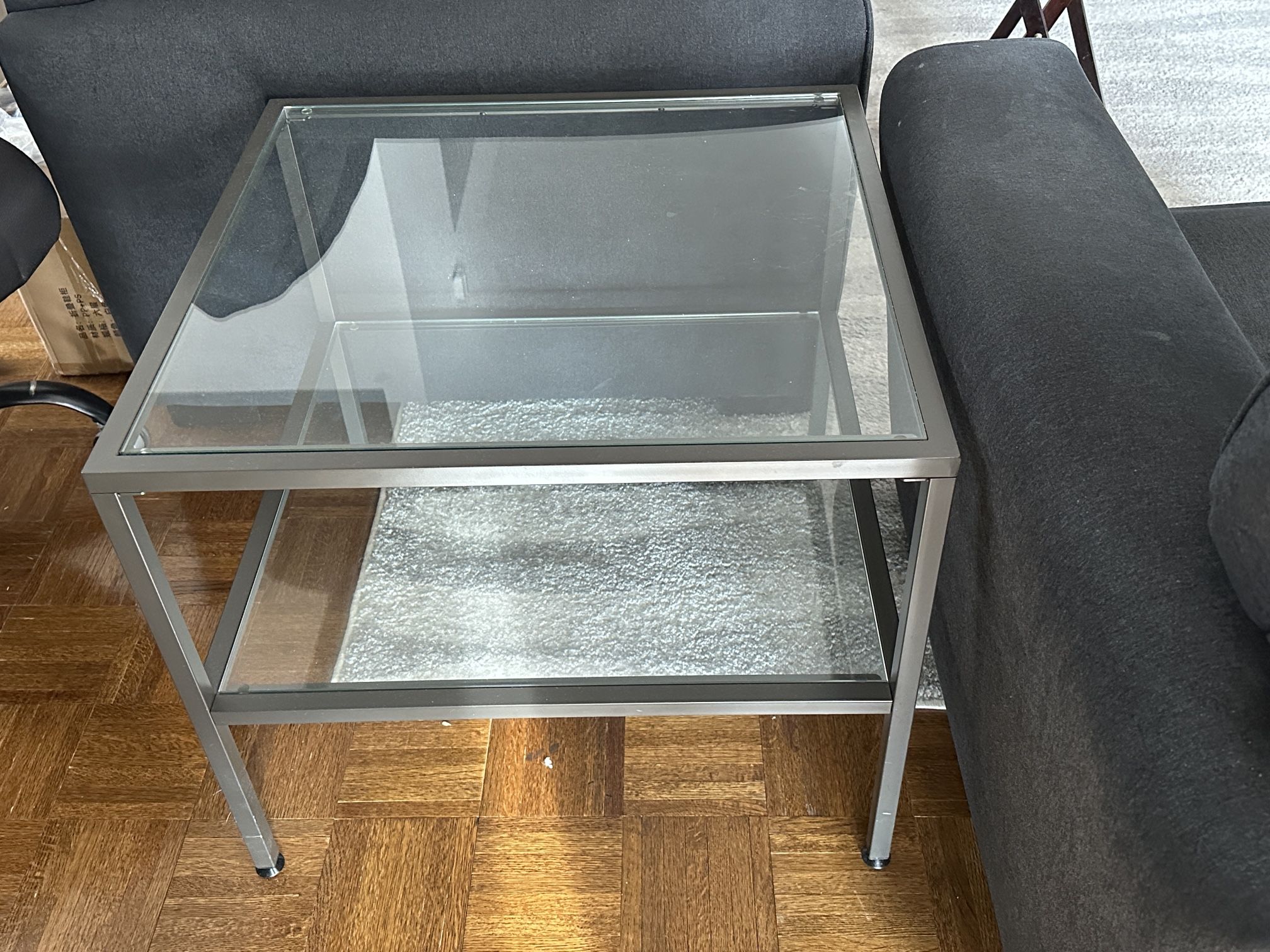 Modern glass end table/side table w/ dark grey metal frame