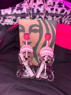 Starbucks Pink Bearista Cup With Strawberry topper SET of 2
