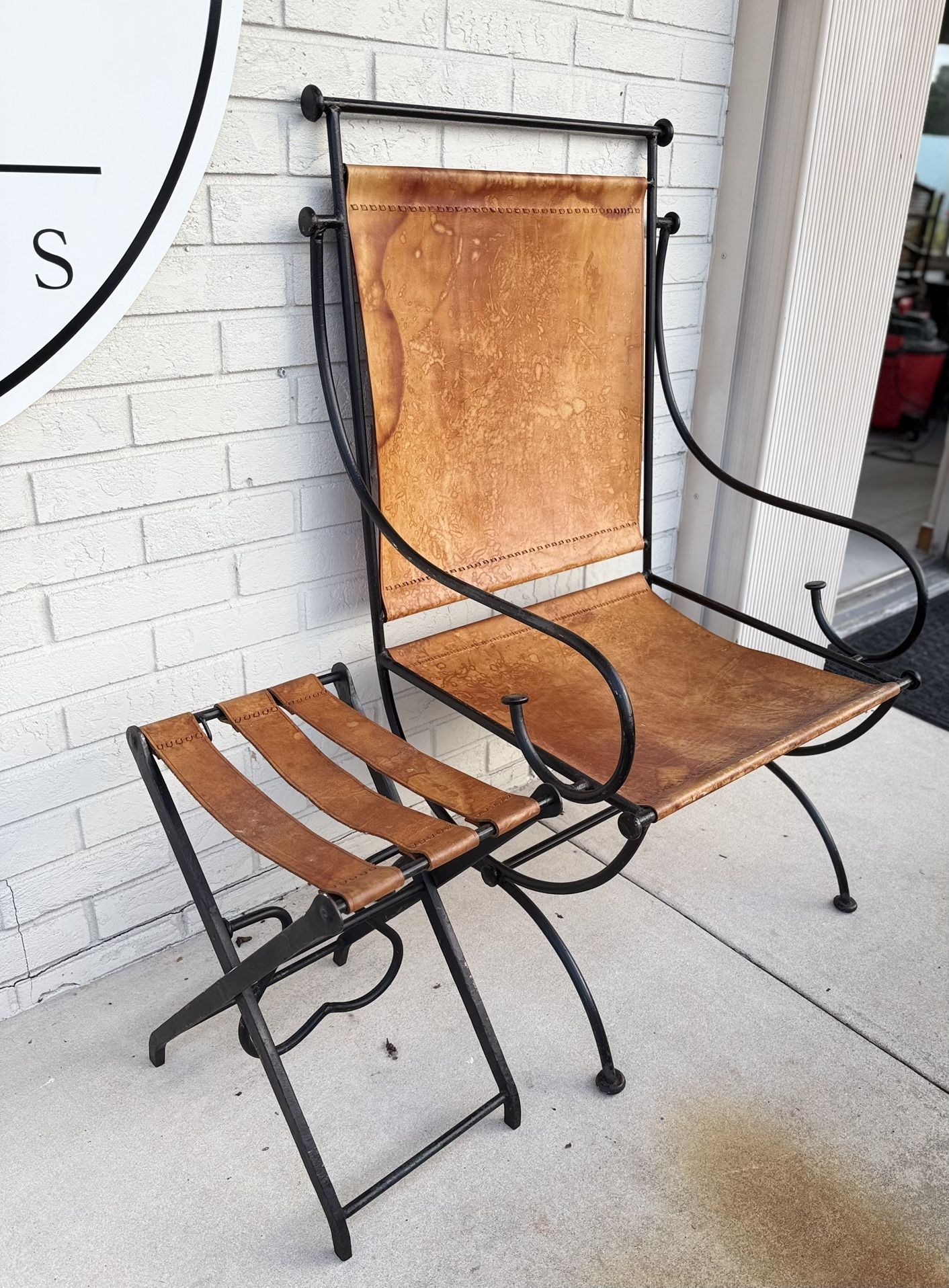 Vintage Wrought Iron & Leather Chair And Ottoman Set