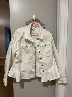 White Denim Jacket with Peplum  Ruffle Hem