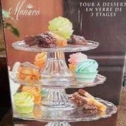 Glass 3 Tier Dessert Tower, Beautiful 3 Tier glass deserts Tower,  Can be used as 3 individual footed deserts , Plates as well, New unopened box.