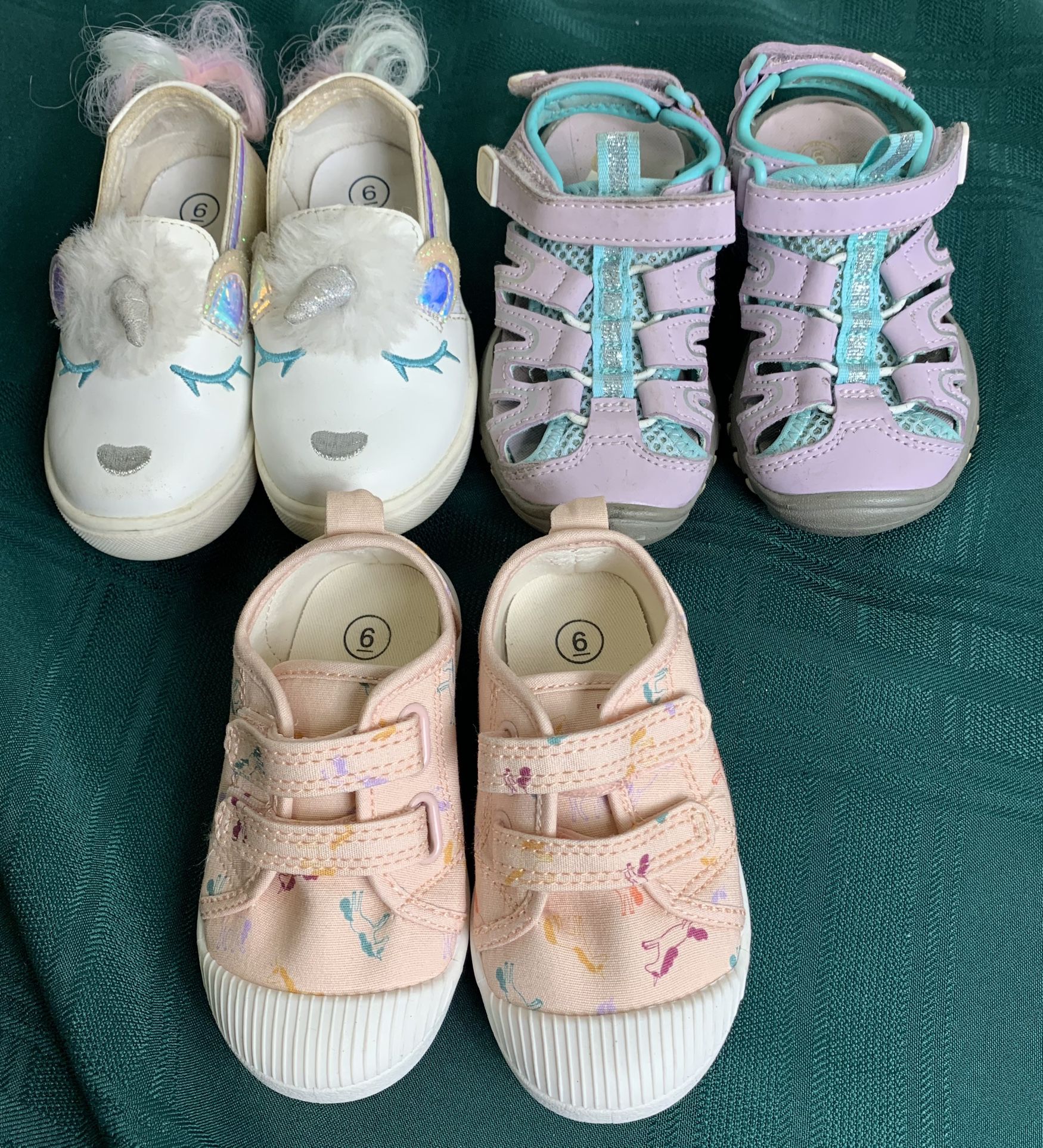 3 pair Cat & Jack toddler girl size 6 unicorn and new velcro slip ons, keen style sandals shoes 