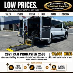 2021 Ram Promaster 2500 BraunAbility Power Fold Out Platform Lift Rear Loading Wheelchair Van