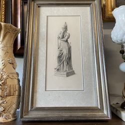 Vintage Gladiator Woman Pose Statue Sculpture Portrait Silver Gilded Frame Wall Art