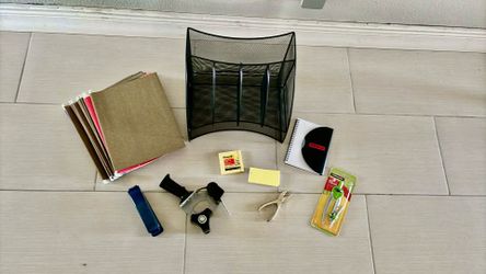 Desk organizer, stapler, hole paper punch, notebook, compass, hanging file all for $10