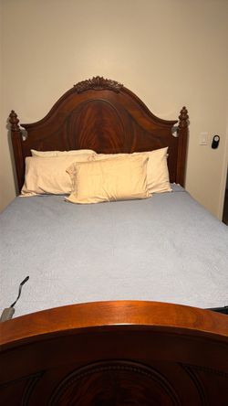 Traditional Wood Bed Frame with Carved Headboard