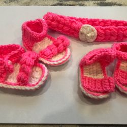 Handmade bright pink baby shoe and headband 