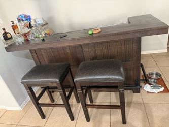 Rustic Wood Home Bar with Two Stools