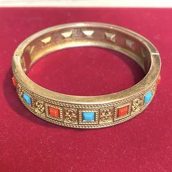 Gold Plated Bangle Openable Bracelet With Red/Teal Stones 3-1/8” Dia.