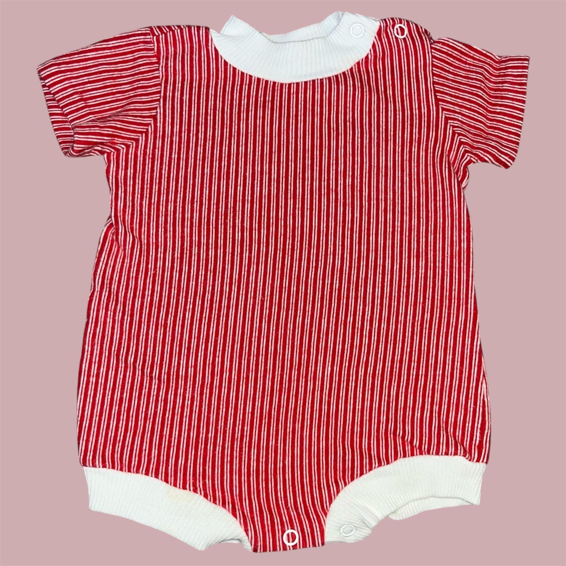 Sears red striped romper bodysuit vintage size small 6-9 months or 15-19 pounds, 100% cotton, guc has some small yellow staining on right side and ma