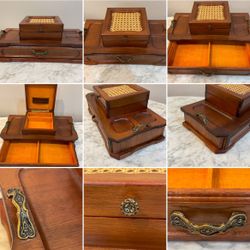 VTG Rattan Wooden Valet Jewelry Box Organizer w/ Drawer Velvet Gold Accent Brass HTF RARE / Great Gift 