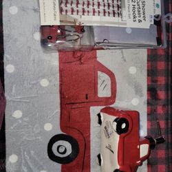 💥NEW 15 PIECE TRUCK BATH SET INCLUDES MEMORY FOAM BATH RUG, SOAP DISPENSER, SHOWER CURTAIN & HOOKS