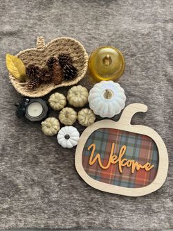 Fall Decor Bundle Pumpkins Welcome Sign Basket Candles