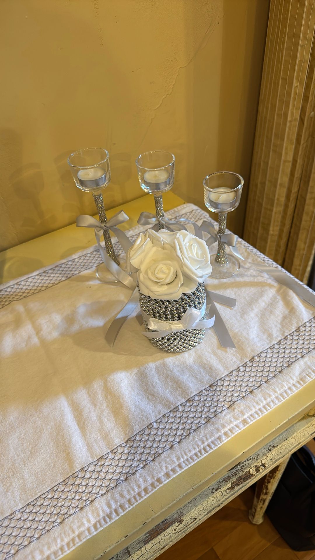 Rhinestone candlestick Set And Rose Decor Silver White 