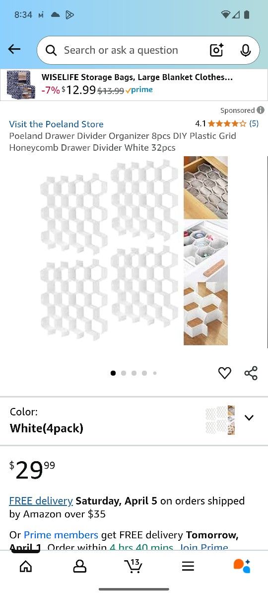Poeland Drawer Divider Organizer 8pcs DIY Plastic Grid Honeycomb Drawer Divider White 32pcs
