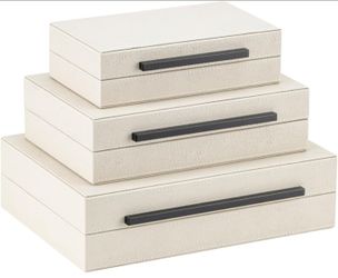 Set of 3 Beige Shagreen Decorative Storage Boxes with Black Metal Handles –Faux Leather Large Modern Stackable Nesting Jewelry Box with Lids Organizer