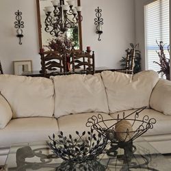 Set Of Two Leather Comfortable Cream Couches With Down Filled Pillows