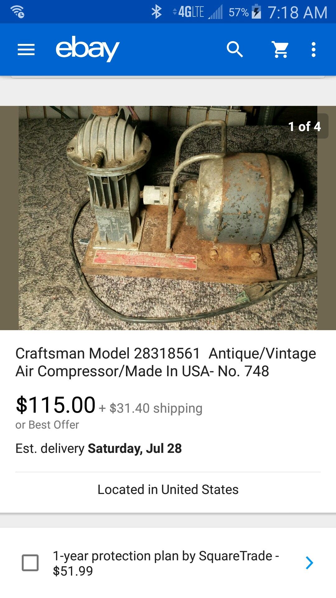 Vintage Craftsman Air Compressor Model 28318561- Made in USA- no. 748