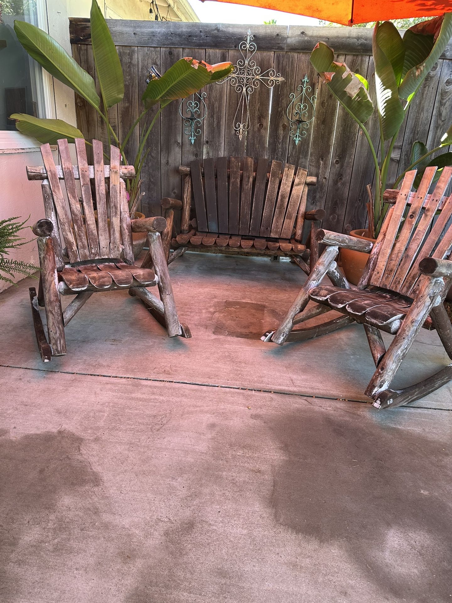 Lakeland Mills Cedar Log Rocking Chairs + Loveseat Bench – Rustic Patio Set