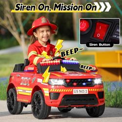 TOBBI Fire Truck Ride. RED, on Car 12V Electric Firetruck Battery Powered Vhicles for Kids to Drive with Remote Control, Bluetooth, Siren-Call, Walkie